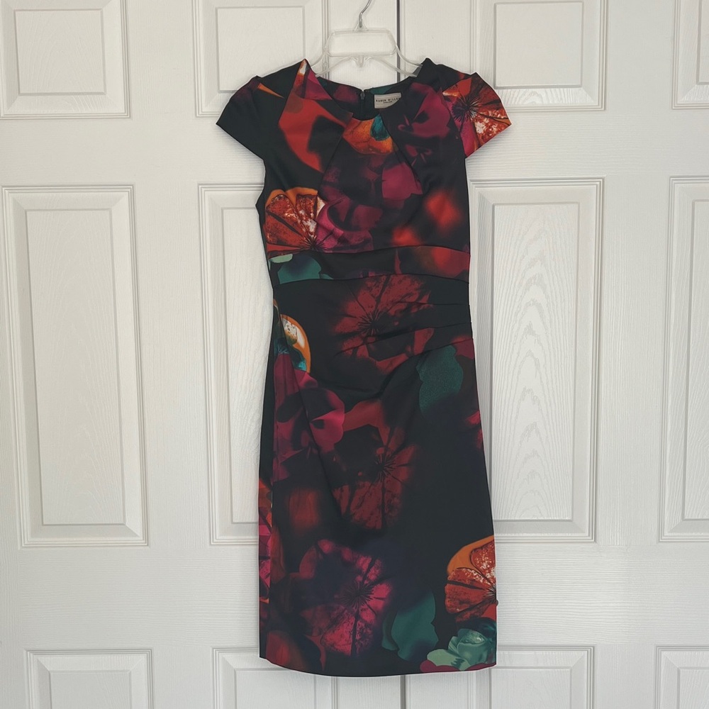Vintage Karen Millen England Black Floral-Print Cap-Sleeve Pencil Midi Dress